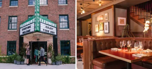 Front entrance of Hotel Clermont with marquee sign (left) and interior dining area with leather booth and wood decor (right)
